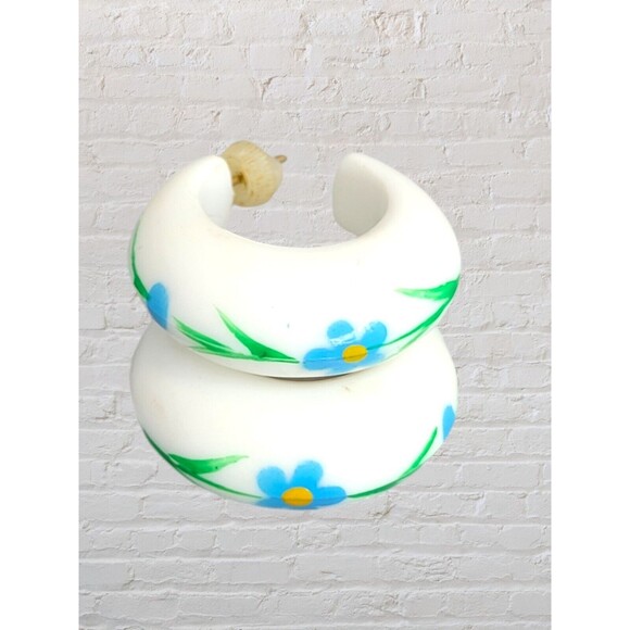 Vtg Acrylic Floral Painted Half Hoop Earrings Pierced Cottage Classic Boho 80s - Picture 1 of 6